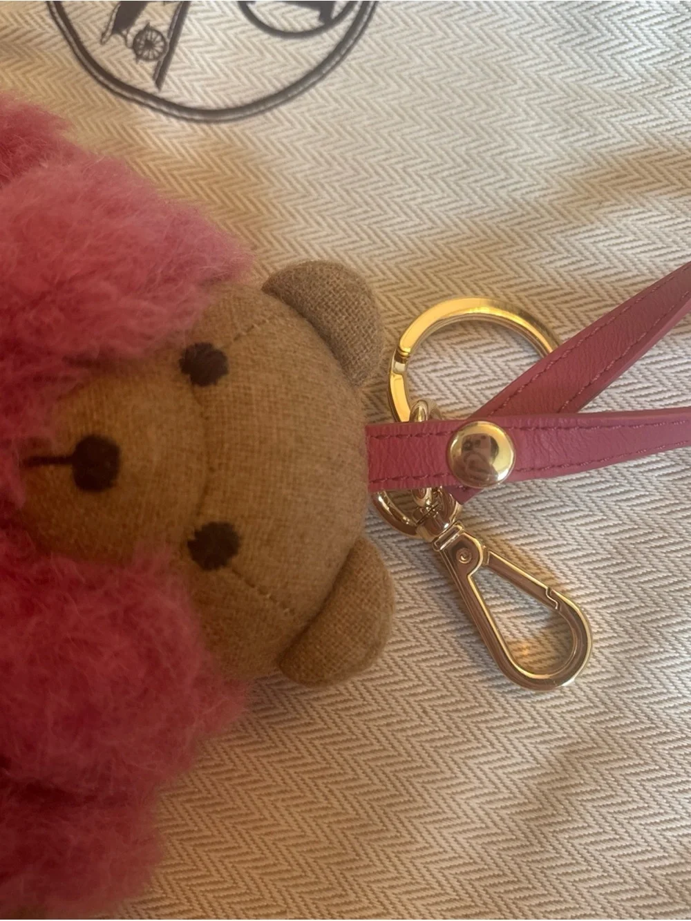 MaxMara Brown Bear Bag Charm with Pink Wool Fur Coat and Gold Hardware